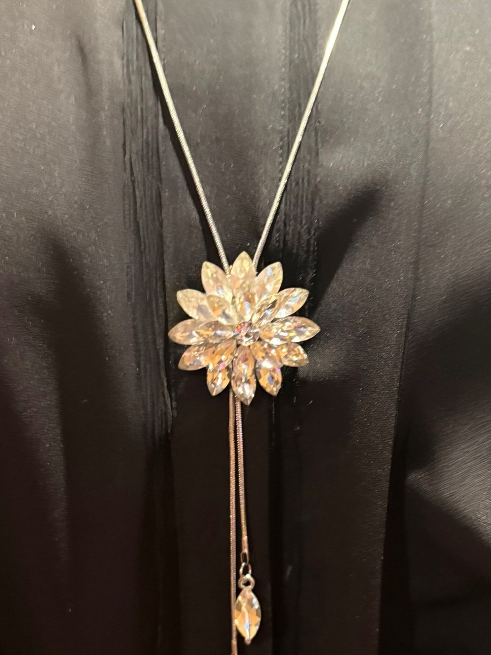 Lotus Flower Lavaliere Necklace Silver Pendant on a 34"/17” Drape Snake Chain